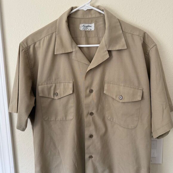 Vintage Creighton Khaki Beige Short Sleeve Button-Up Shirt  Mens L - Picture 2 of 4